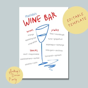 Szablon menu baru winnego | Edytowalne menu na przyjęcie obiadowe | Projekt Canva na domowe przyjęcia, degustacje wina i wydarzenia specjalne | Unikalny, fajny i szykowny