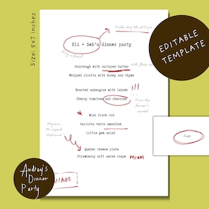 Modèle de menu et cartes de visite illustrés à la main | Design annoté ludique pour les dîners de gourmets, les amateurs de restaurant, les célibataires