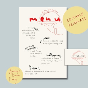 Menu e segnaposto scritti a mano per bistrot francese, modello di scarabocchio per cena, cancelleria modificabile, illustrazione, decorazione, tavolo da pranzo