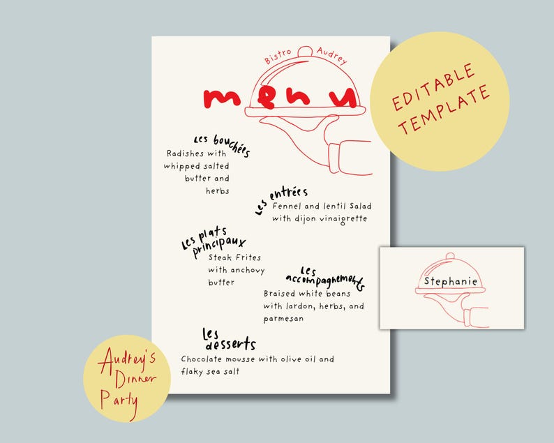 French Bistro Handwritten Printable Menu and Place Cards Template ...
