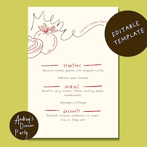 Może przedstawiać: Edytowalny szablon menu kolacji z ilustracją czerwonego pomidora i tekstem "Audrey's Dinner Party" i "Carmen's Garden Party". Menu zawiera przystawki, dania główne i desery.