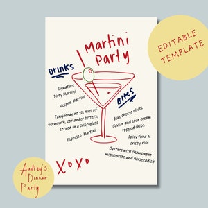 Dirty 30 Martini Party Menü | Spaß, einzigartige, flippige handgeschriebene Vorlage | Bearbeitbare Canva Cocktailkarte für Dinner Parties Girls Night Geburtstag