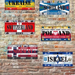 Metal plate, decoration, world countries, travel, Ukraine, Scotland, Poland, Switzerland, gift, home decor, vintage license plate, metal