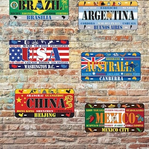 Metal plate, decoration, world countries, travel, USA, Brazil, Argentina, Australia, gift, home decor, vintage registration, metal