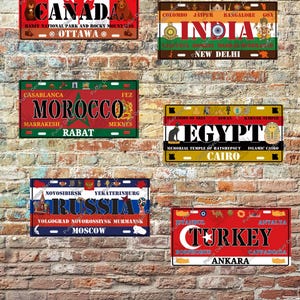 Metal plate, decoration, world countries, travel, Canada, Egypt, Morocco, Türkiye, India, gift, home decor, vintage license plate, metal