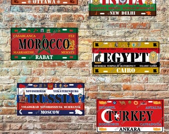 Metal plate, decoration, world countries, travel, Canada, Egypt, Morocco, Türkiye, India, gift, home decor, vintage license plate, metal