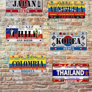 Metal plate, decoration, world countries, travel, Colombia, Japan, Thailand, Chile, gift, home decor, vintage license plate, metal