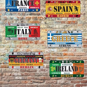 Metal plate, decoration, world countries, travel, France, Spain, Italy, Ireland, gift, home decor, vintage registration, metal