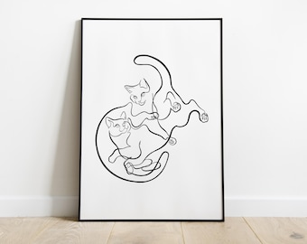Minimalist Cat Couple Line Art Print: Hand-Drawn Pet Portrait (Digital Download)