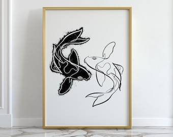 Minimalist Koi Fish Line Art Print: Black and White Drawing (Digital Download)