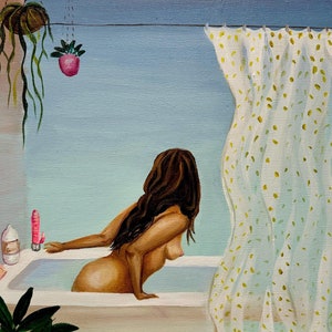 May include: A painting of a person in a bathtub with a shower curtain behind them. The person is facing away from the viewer and has long brown hair. The bathtub is white and the shower curtain is white with yellow polka dots. The painting is signed "De Mott" in the bottom right corner.