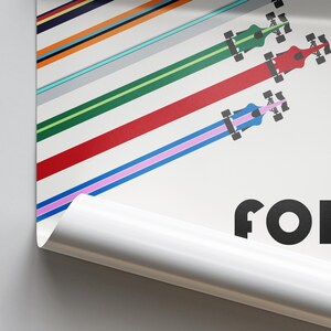 May include: A poster featuring stylized race cars with colorful trails. The cars are green, red, and blue, each leaving a vibrant trail. The background is white with diagonal stripes in various colors. The word "FOR" is visible in black.