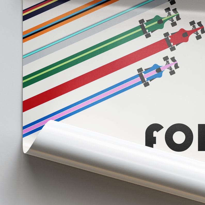 May include: A poster featuring stylized race cars with colorful trails. The cars are green, red, and blue, each leaving a vibrant trail. The background is white with diagonal stripes in various colors. The word "FOR" is visible in black.