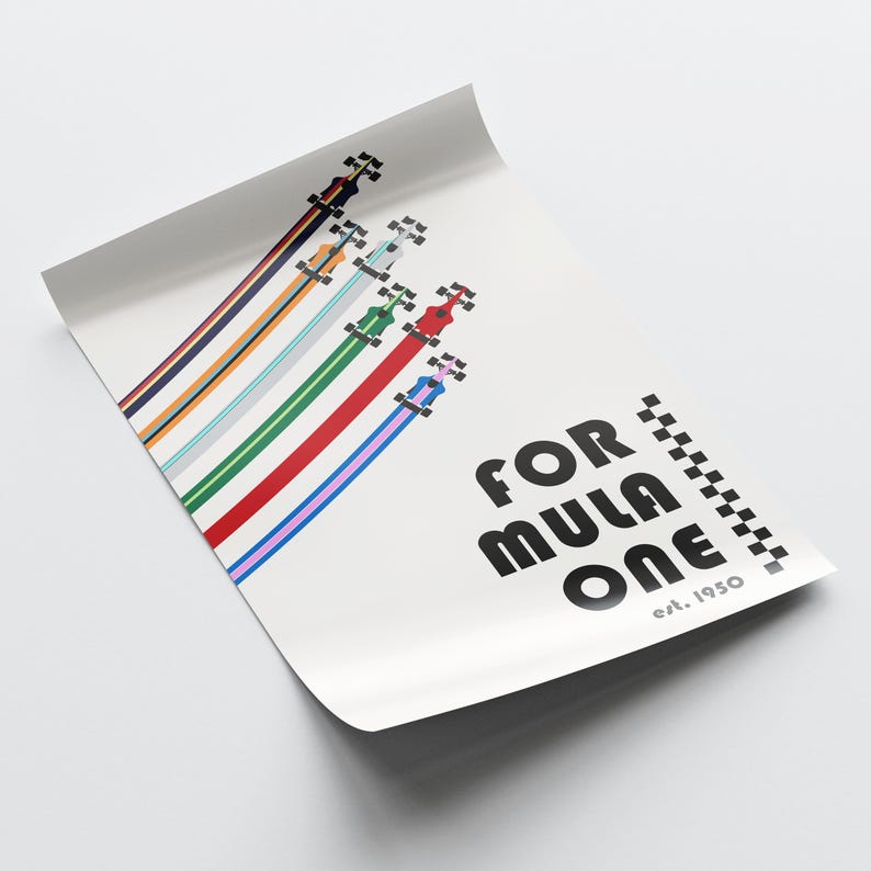 May include: A white poster with a Formula One theme. The poster features colorful race cars with their trails, and the words "FORMULA ONE" in bold black letters. The text "est. 1950" is also included. A checkered flag design is on the right side.