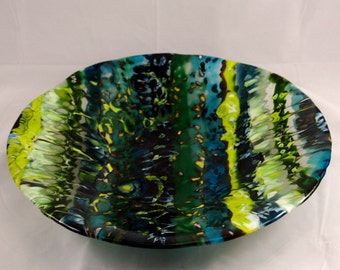 Fused Glass Bowl Boiled Blues and Greens