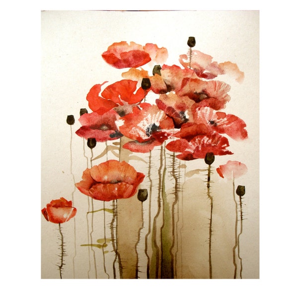 Watercolor Original Painting Art 22x30 cm (8.5x11.2 inch) Red Bloom