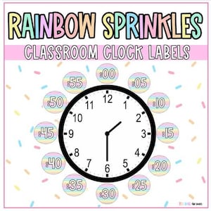 Pastel Rainbow Sprinkles Colorful Clock Labels | Colorful Classroom Decor | Telling Time for Kids | Time Printable