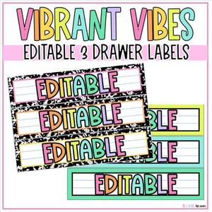 May include: Colorful labels with the text "VIBRANT VIBES" and "EDITABLE 3 DRAWER LABELS". The labels are in various colors, including pink, green, yellow, and orange. The design includes a black and white speckled border.