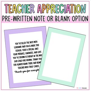 May include: Two printable cards for teacher appreciation. One card has a pre-written message thanking the teacher for their hard work and dedication. The other card is blank for a personalized message. Both cards have a purple and green border.
