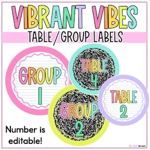 May include: Colorful classroom labels with the text "VIBRANT VIBES TABLE/GROUP LABELS." The labels are round with the words "GROUP 1," "TABLE 4," "GROUP 2," and "TABLE 2." The text "Number is editable!" is also included.