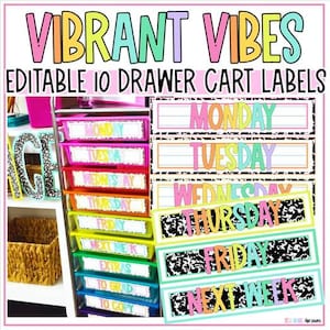 May include: A set of colourful drawer cart labels with the text "VIBRANT VIBES" and "EDITABLE 10 DRAWER CART LABELS". The labels are for each day of the week, plus "NEXT WEEK", "EXTRAS", "TO GRAD", and "TO COPY". The labels are in a variety of bright colours.