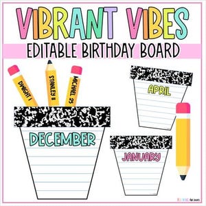 Vibrant Vibes Composition Notebook + Colorful Editable Classroom Birthday Display | Trendy Classroom | Instant Download