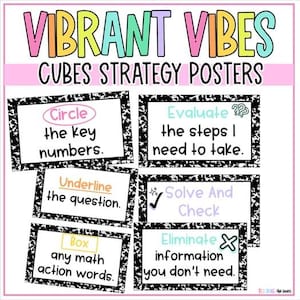 May include: A colorful educational poster set titled "VIBRANT VIBES CUBES STRATEGY POSTERS." The posters feature instructions for solving math problems: Circle the key numbers, Underline the question, Box any math action words, Evaluate the steps, Solve and Check, and Eliminate information.