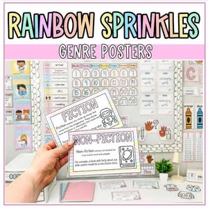 May include: A classroom display with the text "RAINBOW SPRINKLES GENRE POSTERS." Two posters are held up, one labeled "FICTION" with a robot graphic, and the other "NON-FICTION" with a book graphic. The background includes a calendar and other educational materials.
