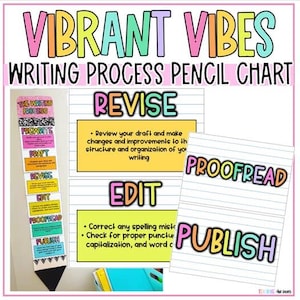 Póster gigante con lápiz y texto "Vibrant Vibes", en blanco, negro y colorido, sobre el proceso de escritura / Cuadro de referencia para artes del lenguaje