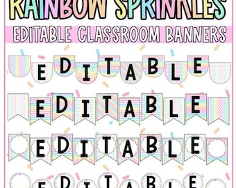 Editable Classroom Banners | Pastel Sprinkle Rainbow Theme | Trendy Classroom