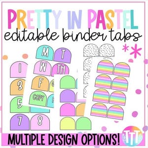 Puede incluir: Gráfico con pestañas de carpeta en colores pastel. Las pestañas tienen varias formas y colores, incluyendo rosa, azul, amarillo y verde. El texto incluye "PRETTY IN PASTEL" y "editable binder tabs". La imagen también dice "MULTIPLE DESIGN OPTIONS!"