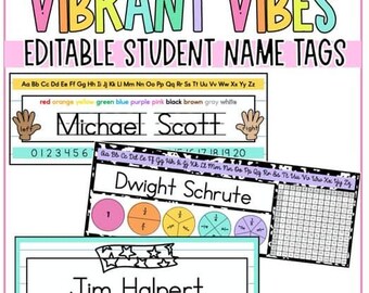May include: Colorful student name tags with the text "VIBRANT VIBES" and "EDITABLE STUDENT NAME TAGS". The tags include names like "Michael Scott", "Dwight Schrute", and "Jim Halpert". The design features various colors and fonts.