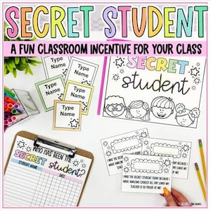 May include: A classroom incentive set with the text "SECRET STUDENT" in colourful letters. Includes printable cards, a clipboard, and pencils. The set is designed to encourage positive behaviour in the classroom.