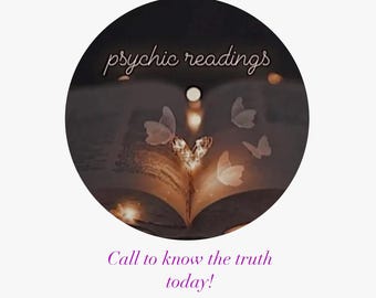May include: A graphic with a purple circle containing an open book with glowing butterflies and the text "psychic readings". The text "Same hour psychic love reading by scarlet" is above the circle and the text "Call to know the truth today! Psychic Reading" is below the circle.