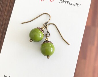 Olive Green Bead Earrings , Small Glass Drop Earrings , Everyday Wear Minimalist Jewellery