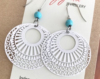 White Circle Earrings , Filigree Hoop Earrings , Boho Metal Dangle Earrings , Metal and Turquoise Stone Earrings