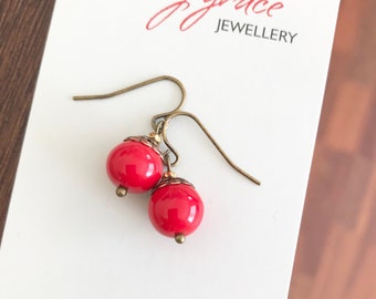 Red Bead  Earrings , Glass Beaded Simple Earrings , Colourful Drop Earrings , Gift for Her