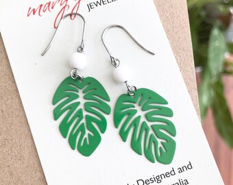 Green Monstera Earrings , Nature Style Boho Leaf Dangle Earrings , Colourful Jewellery , Gift for Her