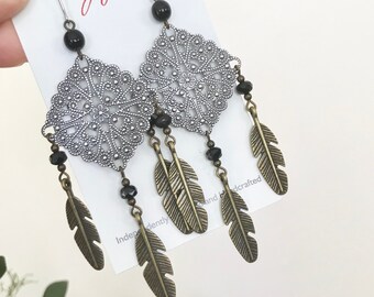 Bohemian Chandelier Earrings , Silver Filigree Earrings , Bronze Feather Dangle Earrings , Gift for Her , Hippie Boho Earrings