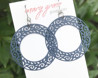Blue Filigree Hoops , Circle Metal Dangle Earrings , Modern Boho Hippie Style Jewellery , Gift for Her