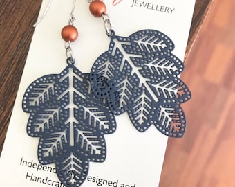 Slate Blue Leaf Earrings , Metal Filigree Dangles , Bohemian Nature Inspired Jewellery , Gift for Her