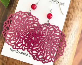 Fuchsia Pink Dangle Earrings , Swirl Patterned Earrings , Pink and Red Colourful Earrings , Bohemian Hippie Style Jewellery , Gift for Her