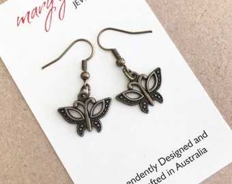 Butterfly Earrings , Little Bronze Metal Butterfly Dangles , Whimsical Hippie Jewellery , Gift for Her , Nature Inspired Jewelry