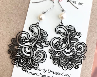 Black Flourish Dangle Earrings with Pearl Beads , Boho Baroque Style Jewellery , Lightweight Thin Metal Earrings