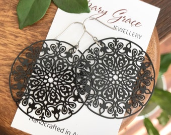 Black Mandala Filigree Earrings , Thin Delicate Lightweight Metal Dangle Earrings , Bohemian Hippie Gypsy Style Jewellery , Gift for Her