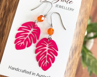 Bright Pink Leaf Earrings , Monstera Metal Dangles , Colourful Nature Style Hippie Jewellery , Orange Glass Beaded Earrings