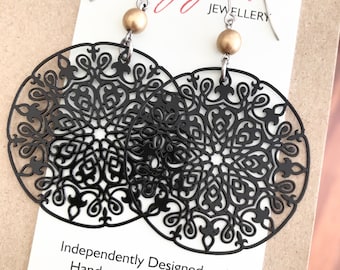 Large Filigree Dangle Earrings , Mandala Pattern Earrings , Black Metal Dangle Earrings , Gift for her