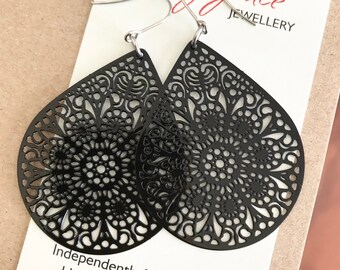 Black Teardrop Earrings , Filigree Mandala Dangle Earrings , Boho Hippie Jewellery for Women , Large Lightweight Earrings