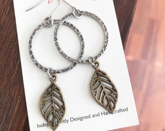 Hammered Hoops and Leaf Dangle Earrings ,  Metal Hippie Nature Style Jewellery , Bohemian Earrings , Aussie Seller