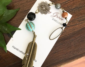 Boho Beaded Hanger , Car Mirror Decor , Decorative House Mobile Charm , Bronze Feather Filigree Turquoise Stone Beaded Decoration